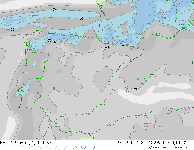 Humedad rel. 850hPa ECMWF jue 06.06.2024 18 UTC