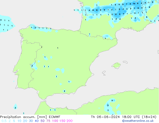 Precipitation accum. ECMWF Qui 06.06.2024 18 UTC