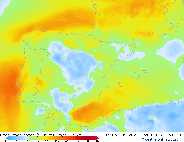 Deep layer shear (0-6km) ECMWF Qui 06.06.2024 18 UTC