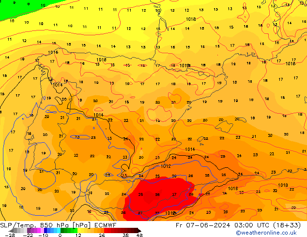 SLP/Temp. 850 hPa ECMWF ven 07.06.2024 03 UTC