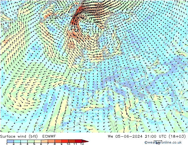 Bodenwind (bft) ECMWF Mi 05.06.2024 21 UTC