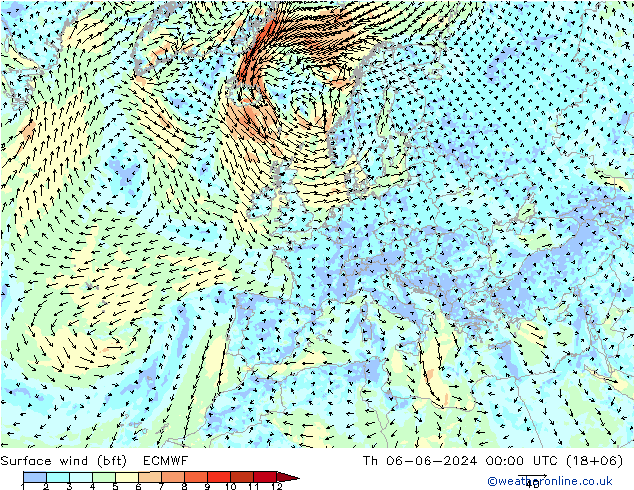 ве�Bе�@ 10 m (bft) ECMWF чт 06.06.2024 00 UTC