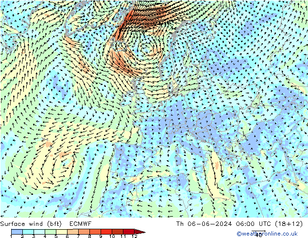 Rüzgar 10 m (bft) ECMWF Per 06.06.2024 06 UTC