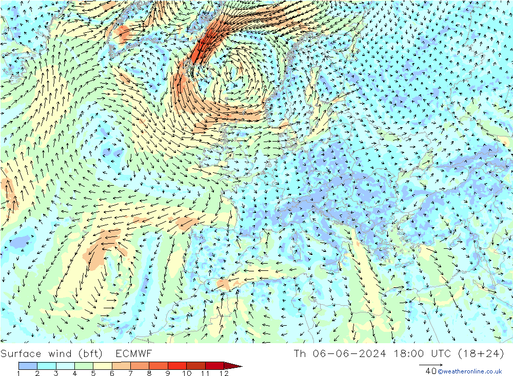 Viento 10 m (bft) ECMWF jue 06.06.2024 18 UTC