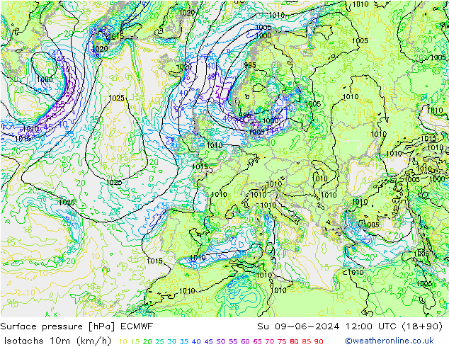 Isotachs (kph) ECMWF Dom 09.06.2024 12 UTC