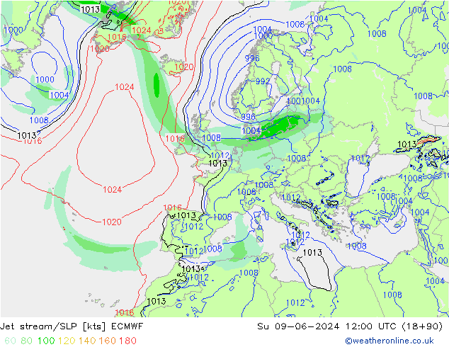 Polarjet/Bodendruck ECMWF So 09.06.2024 12 UTC