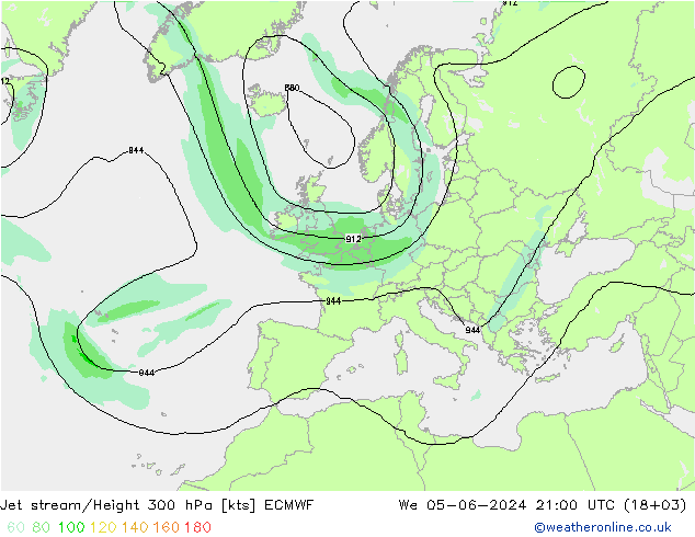 Jet stream/Height 300 hPa ECMWF We 05.06.2024 21 UTC