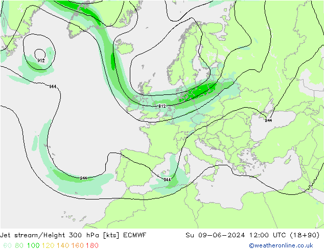 Straalstroom ECMWF zo 09.06.2024 12 UTC