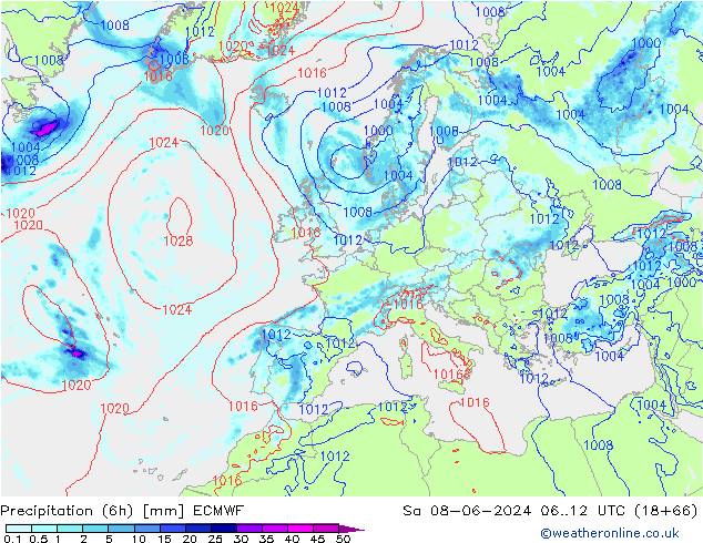 Z500/Rain (+SLP)/Z850 ECMWF сб 08.06.2024 12 UTC