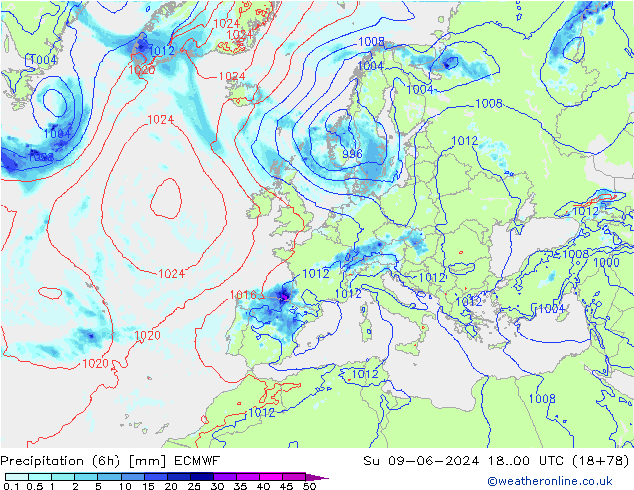 Z500/Rain (+SLP)/Z850 ECMWF So 09.06.2024 00 UTC