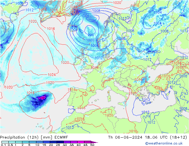 Precipitation (12h) ECMWF Th 06.06.2024 06 UTC