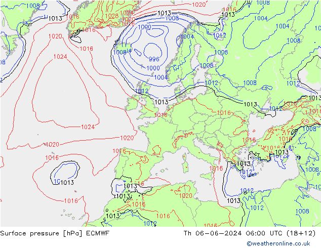 Luchtdruk (Grond) ECMWF do 06.06.2024 06 UTC