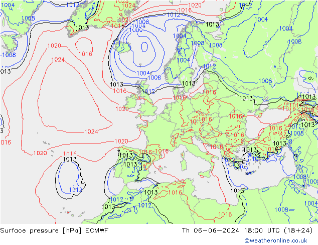 Surface pressure ECMWF Th 06.06.2024 18 UTC