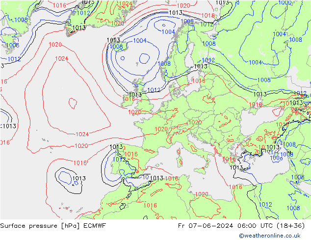 Atmosférický tlak ECMWF Pá 07.06.2024 06 UTC