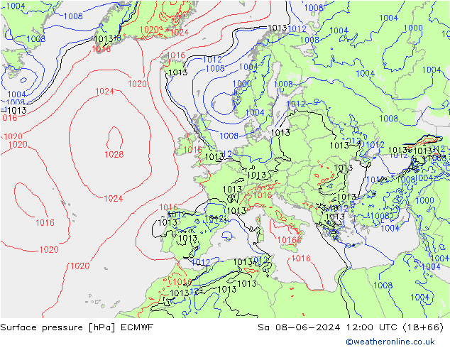 Bodendruck ECMWF Sa 08.06.2024 12 UTC