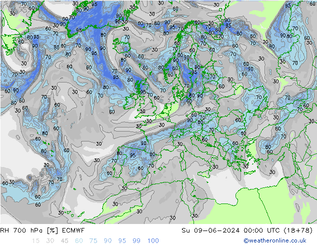 RH 700 hPa ECMWF So 09.06.2024 00 UTC