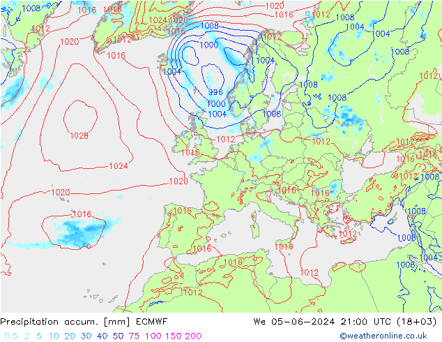 Precipitation accum. ECMWF mer 05.06.2024 21 UTC