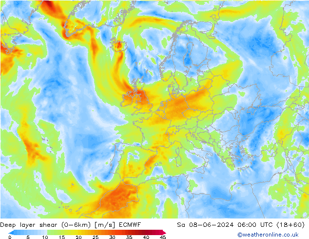 Deep layer shear (0-6km) ECMWF  08.06.2024 06 UTC