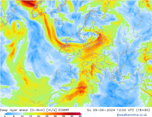 Deep layer shear (0-6km) ECMWF dom 09.06.2024 12 UTC