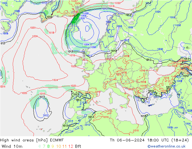 yüksek rüzgarlı alanlar ECMWF Per 06.06.2024 18 UTC