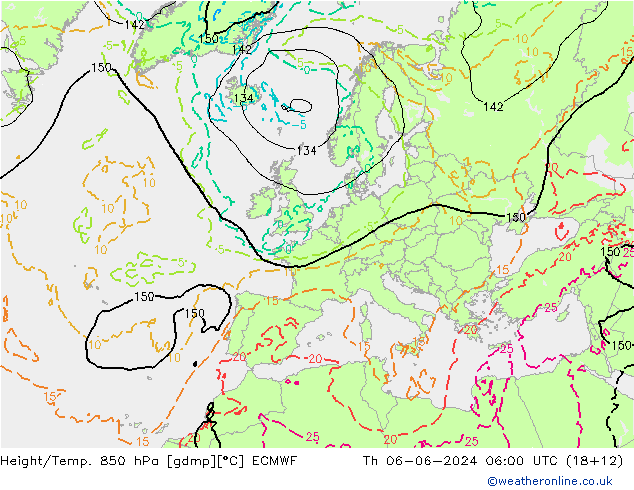 Hoogte/Temp. 850 hPa ECMWF do 06.06.2024 06 UTC