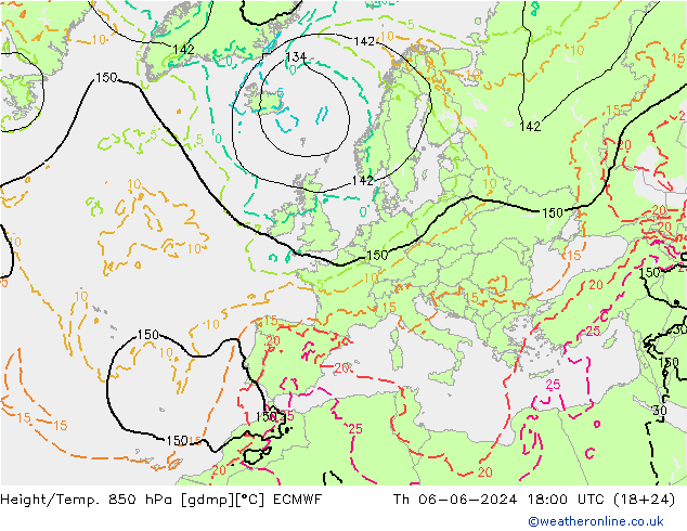 Height/Temp. 850 hPa ECMWF Do 06.06.2024 18 UTC