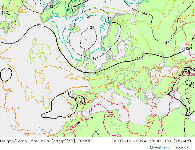 Height/Temp. 850 hPa ECMWF Pá 07.06.2024 18 UTC