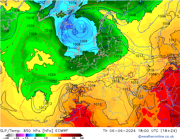 850 hPa Yer Bas./Sıc ECMWF Per 06.06.2024 18 UTC