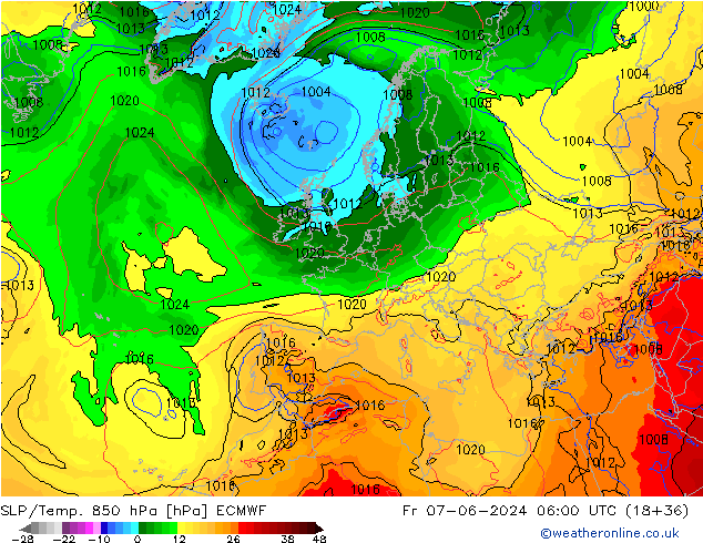 SLP/Temp. 850 hPa ECMWF Fr 07.06.2024 06 UTC