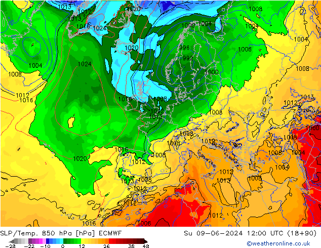 SLP/Temp. 850 hPa ECMWF So 09.06.2024 12 UTC