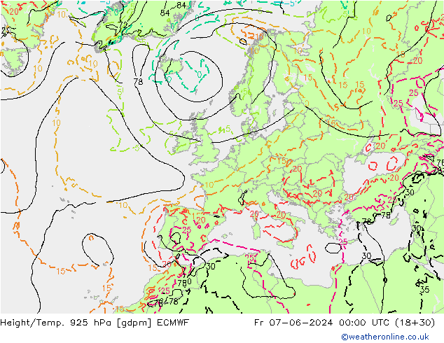 Geop./Temp. 925 hPa ECMWF vie 07.06.2024 00 UTC