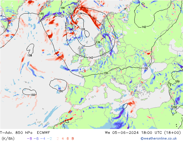 T-Adv. 850 hPa ECMWF Qua 05.06.2024 18 UTC