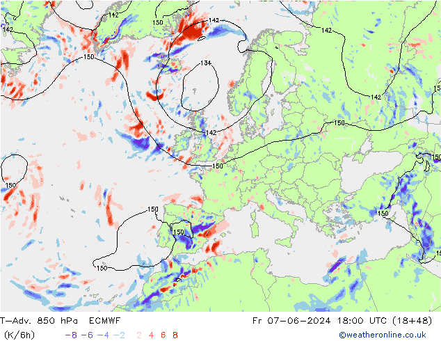 T-Adv. 850 hPa ECMWF Fr 07.06.2024 18 UTC