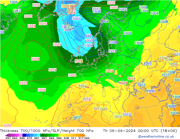 Espesor 700-1000 hPa ECMWF jue 06.06.2024 00 UTC