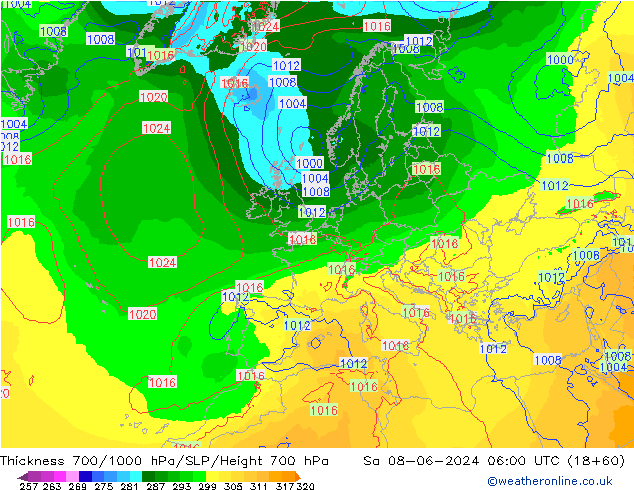 Thck 700-1000 hPa ECMWF sab 08.06.2024 06 UTC