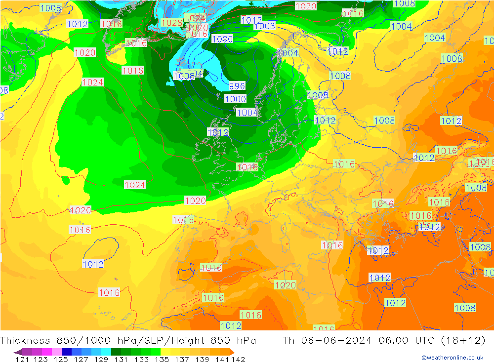 Espesor 850-1000 hPa ECMWF jue 06.06.2024 06 UTC