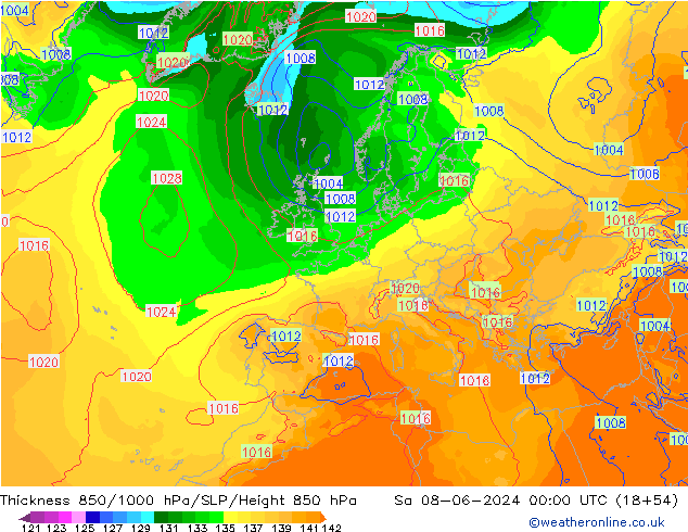 Schichtdicke 850-1000 hPa ECMWF Sa 08.06.2024 00 UTC