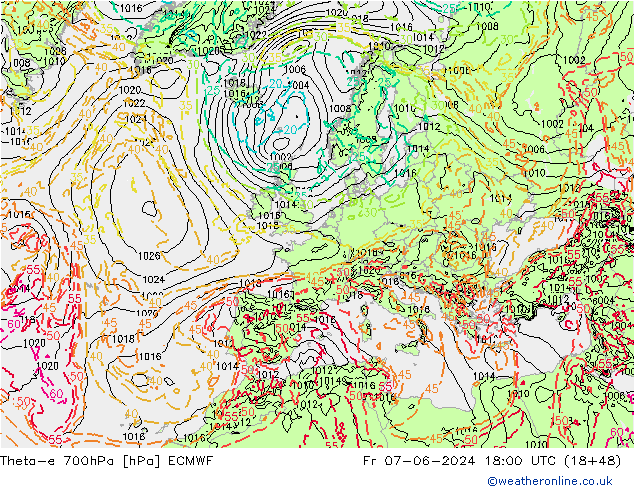 Theta-e 700hPa ECMWF Fr 07.06.2024 18 UTC