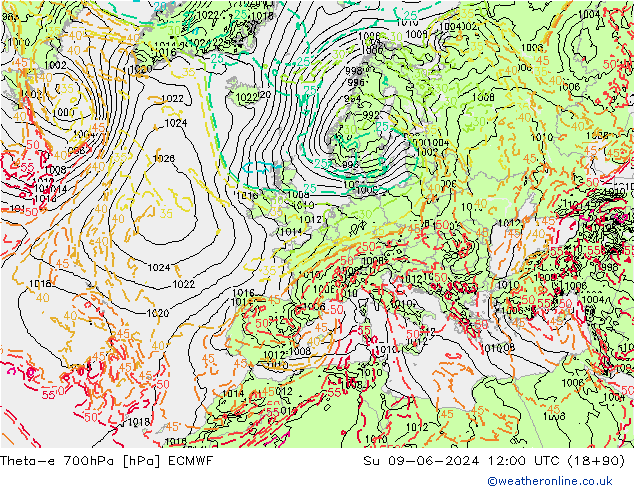 Theta-e 700hPa ECMWF nie. 09.06.2024 12 UTC