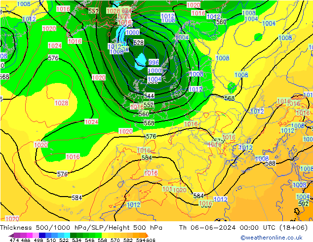 Espesor 500-1000 hPa ECMWF jue 06.06.2024 00 UTC