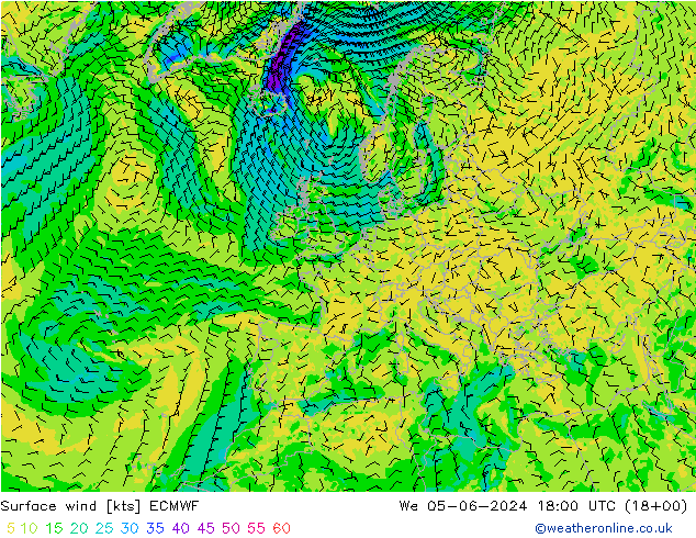 Viento 10 m ECMWF mié 05.06.2024 18 UTC