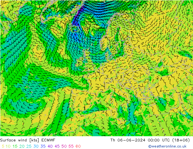 Surface wind ECMWF Th 06.06.2024 00 UTC