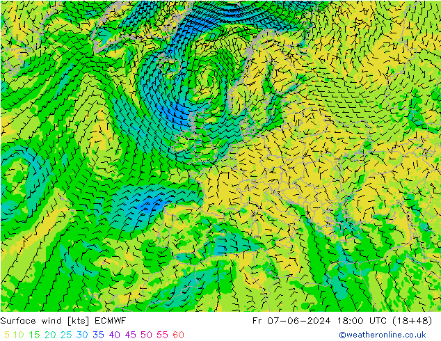 Surface wind ECMWF Fr 07.06.2024 18 UTC