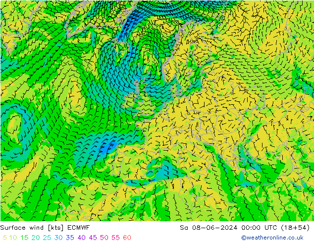 Wind 10 m ECMWF za 08.06.2024 00 UTC