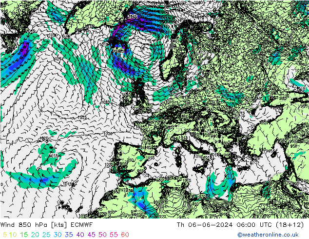 ветер 850 гПа ECMWF чт 06.06.2024 06 UTC