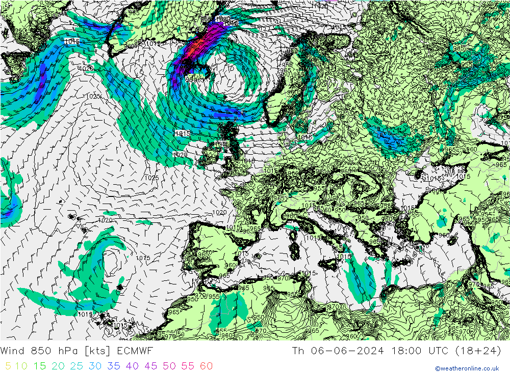 Vento 850 hPa ECMWF Qui 06.06.2024 18 UTC