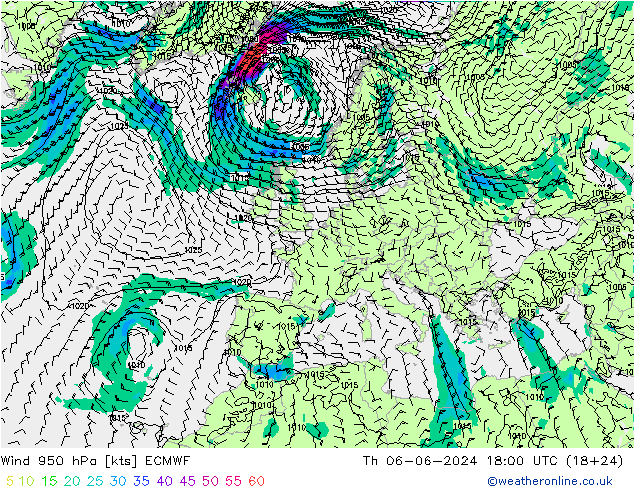 Vento 950 hPa ECMWF Qui 06.06.2024 18 UTC