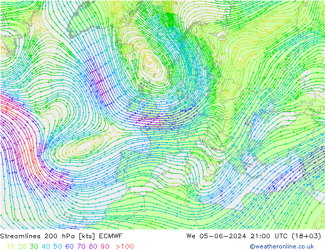 Streamlines 200 hPa ECMWF We 05.06.2024 21 UTC