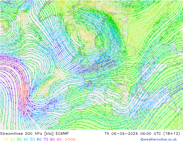 Stroomlijn 200 hPa ECMWF do 06.06.2024 06 UTC