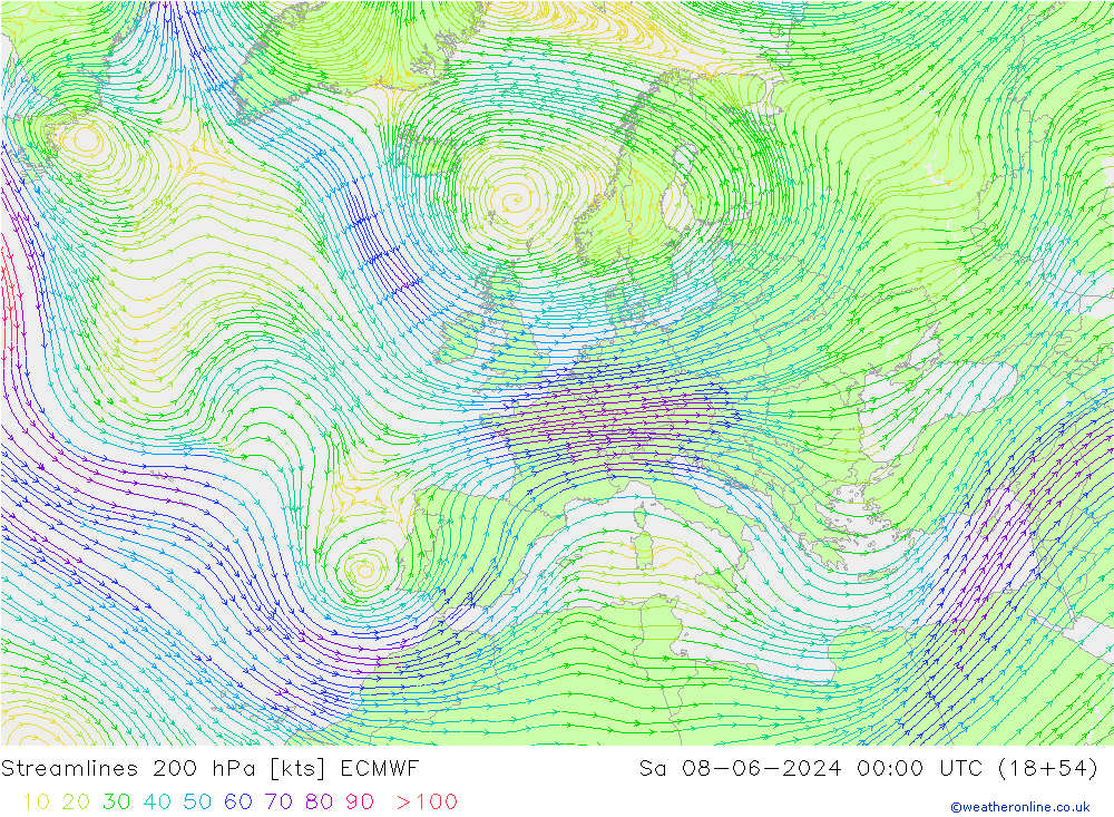 Stromlinien 200 hPa ECMWF Sa 08.06.2024 00 UTC